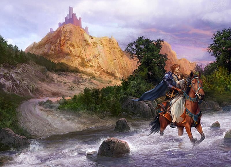 Knight crossing a river with castle