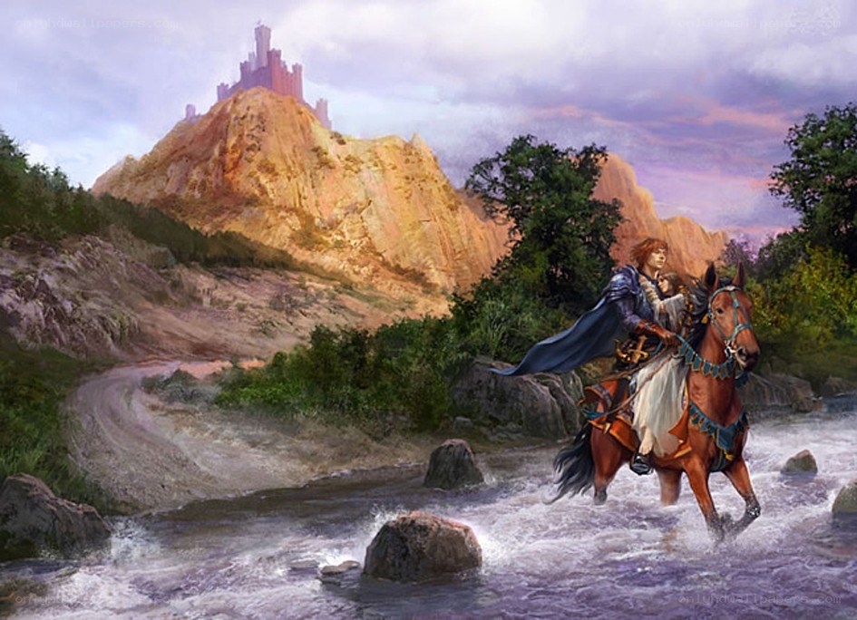 Knight crossing a river with castle