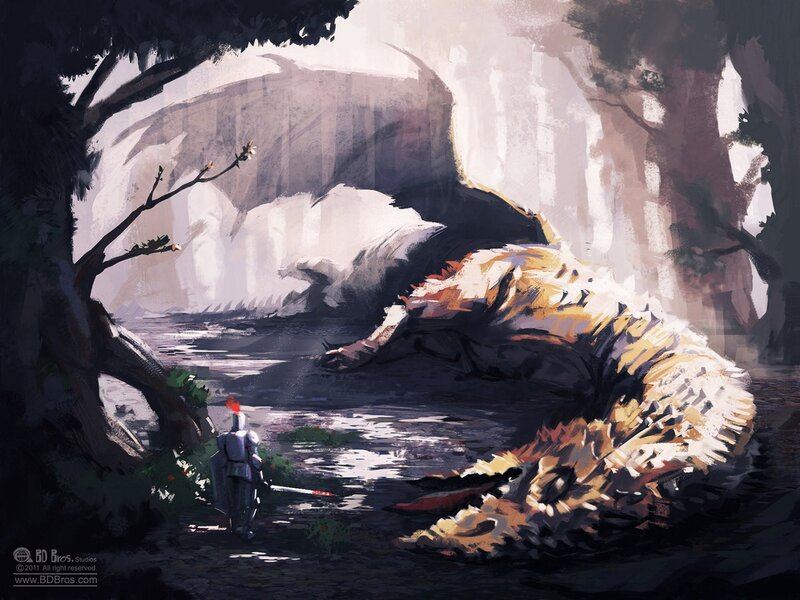 Knight facing a fallen dragon