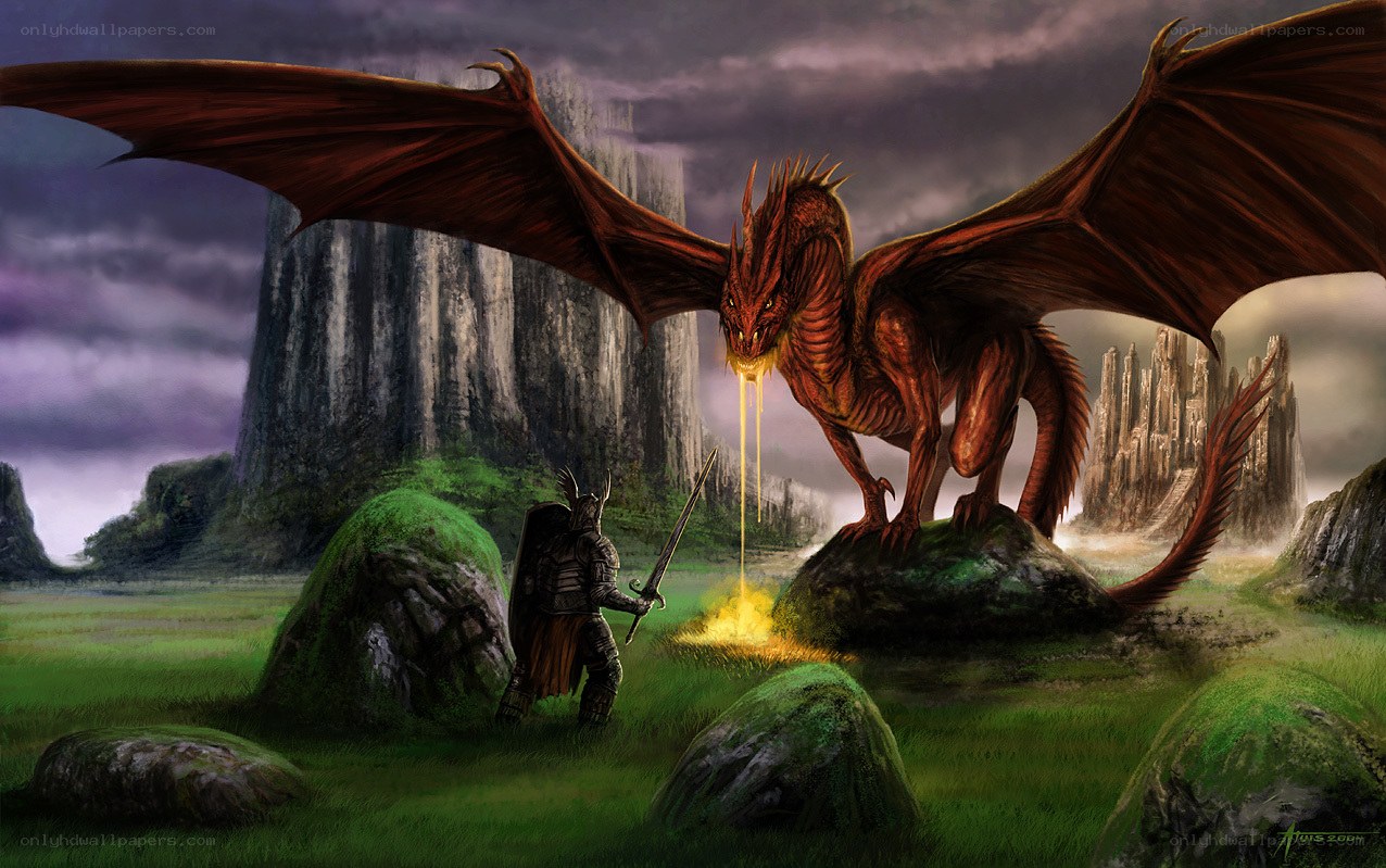 Knight facing a red dragon