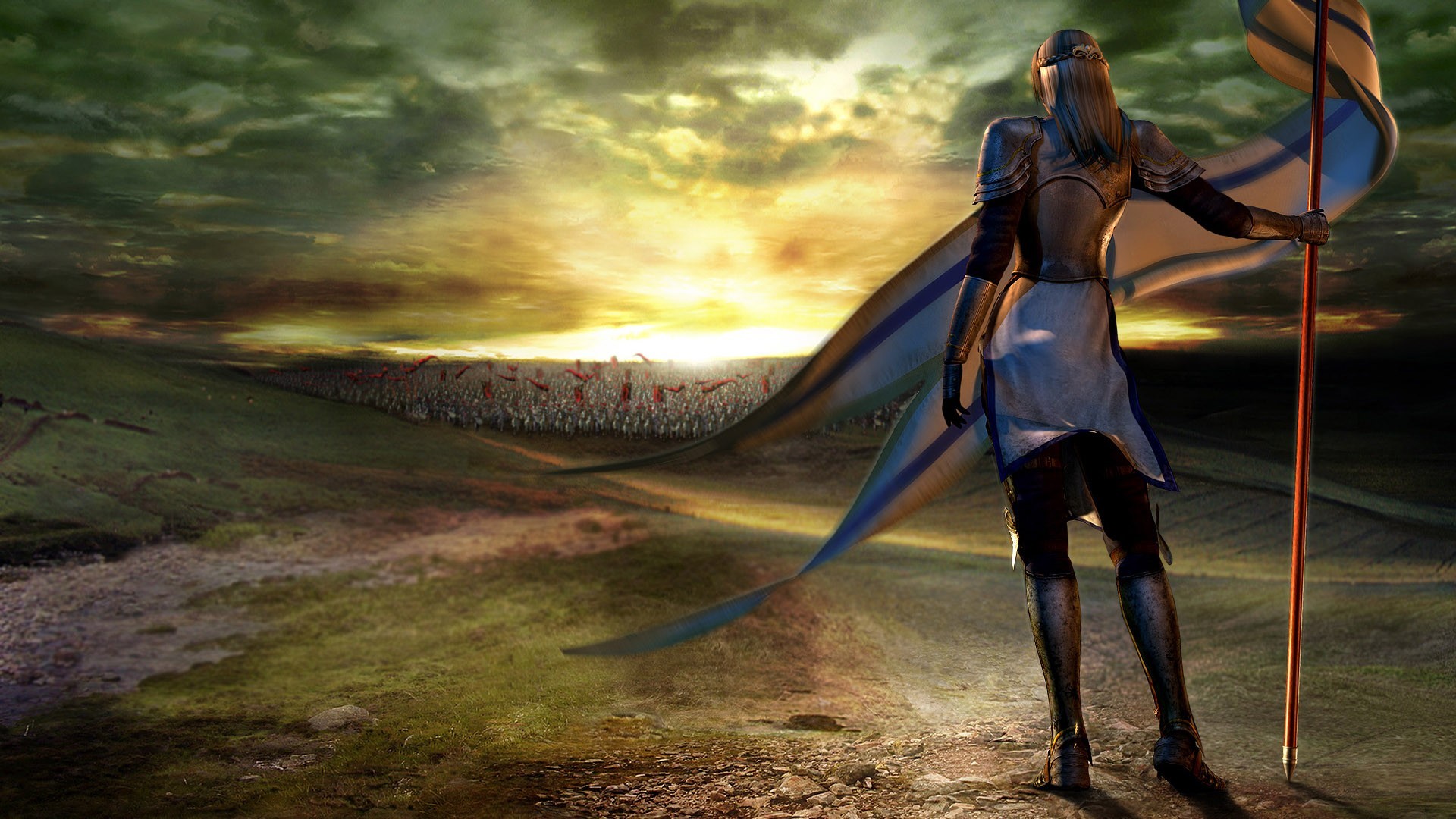 Knight facing an army at sunset