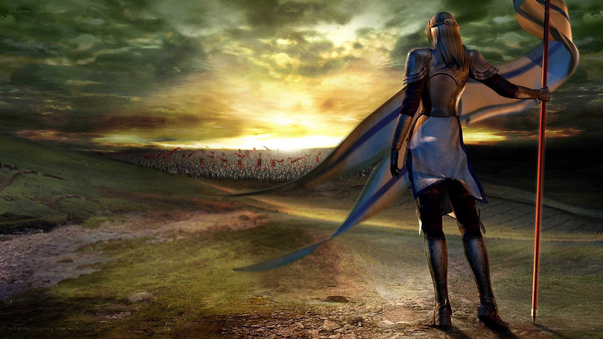Knight facing an army at sunset