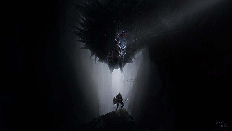 Knight Facing Dragon — Black, Dramatic, Night, Digital Art, Sword