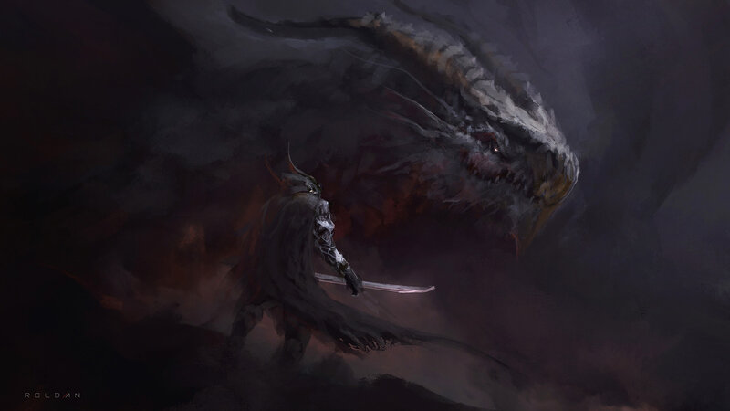 Knight Facing Dragon — Black, Dramatic, Night, Digital Art