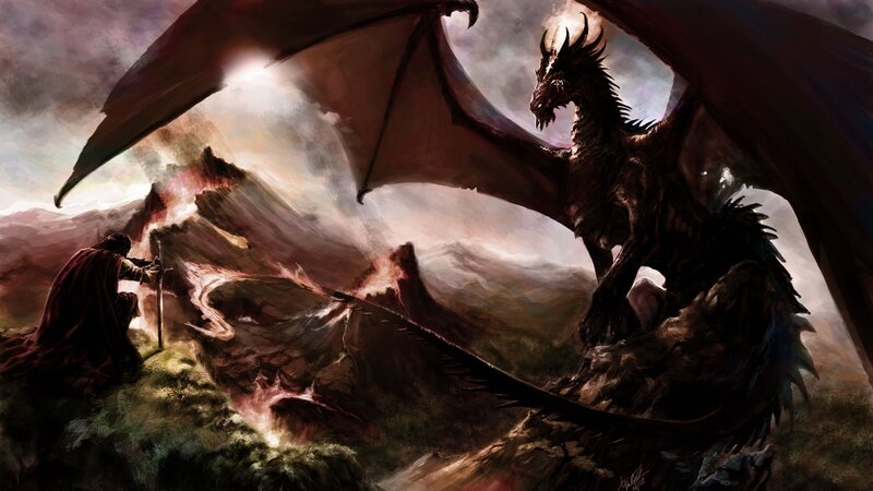 Knight Facing Dragon — Brown, Dramatic, Sunset, Digital Art