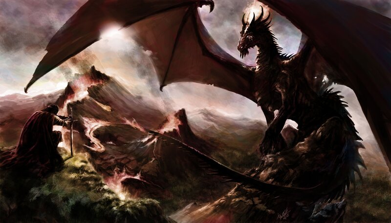 Knight Facing Dragon — Brown, Dramatic, Sunset