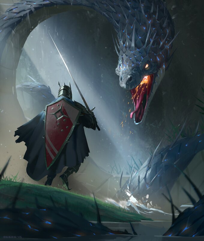Knight Facing Dragon — Gray, Dramatic, Digital Art, Shield