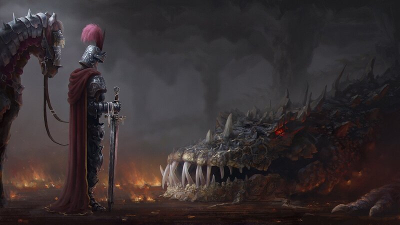 Knight Facing Dragon — Gray, Dramatic, Night