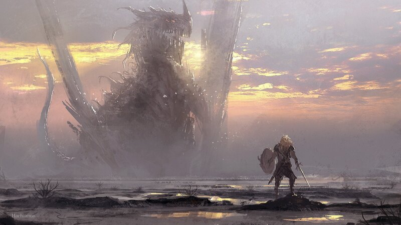 Knight Facing Dragon — Gray, Dramatic, Sunset