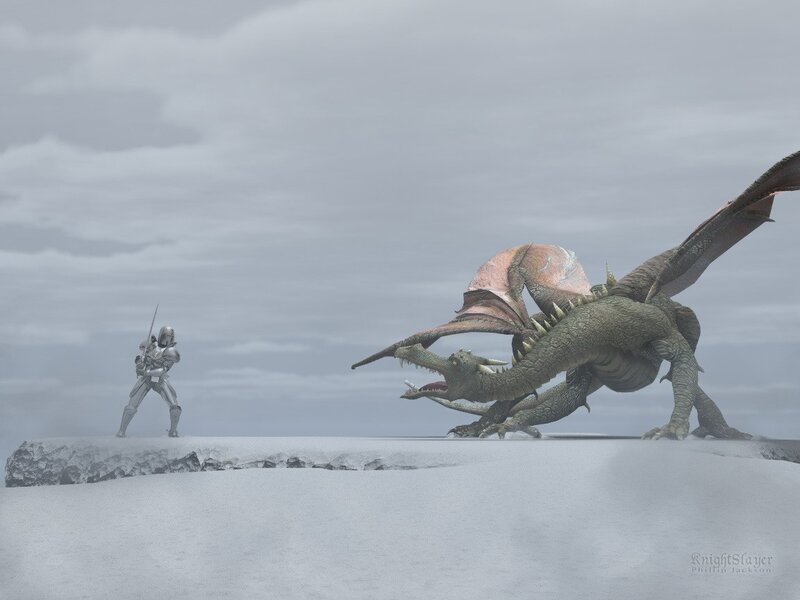 Knight Facing Dragon — Gray, Dramatic, Winter