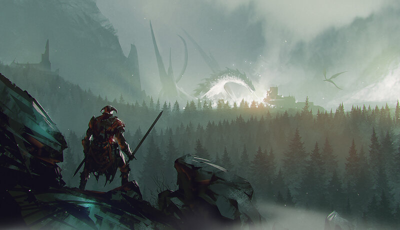 Knight Facing Dragon — Green, Dramatic