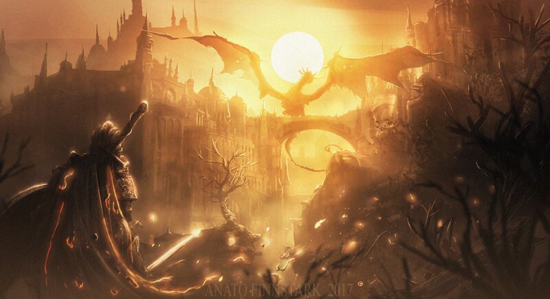 Knight Facing Dragon — Orange, Dramatic, Sunset