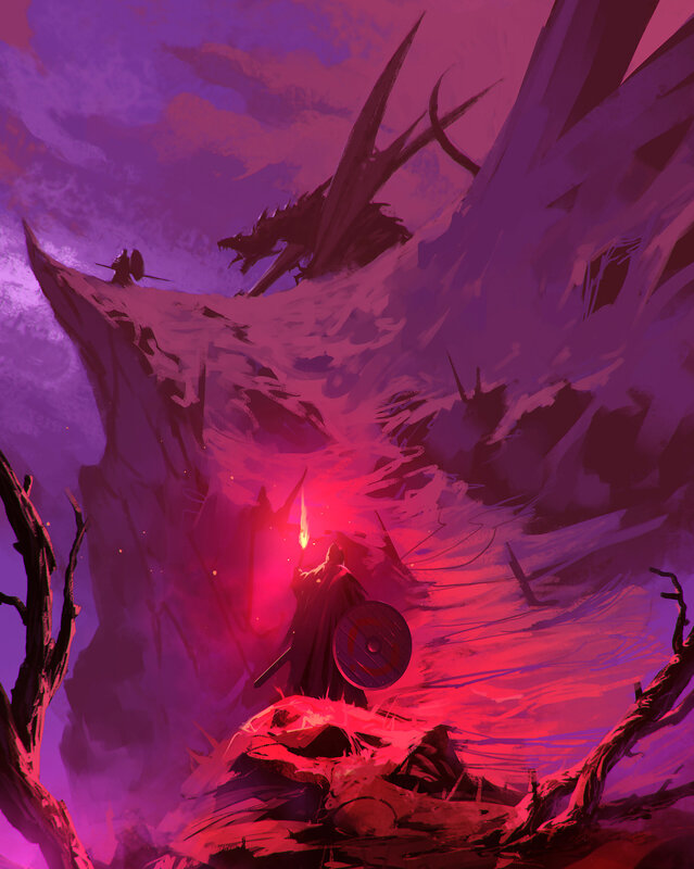 Knight Facing Dragon — Purple, Dramatic