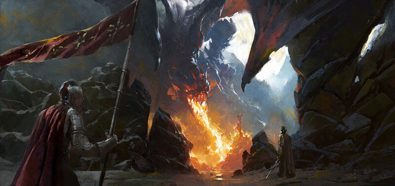 Knight Facing Dragon — Red, Dramatic, Digital Art, Flag