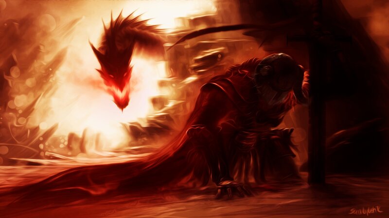 Knight Facing Dragon — Red, Dramatic, Digital Art