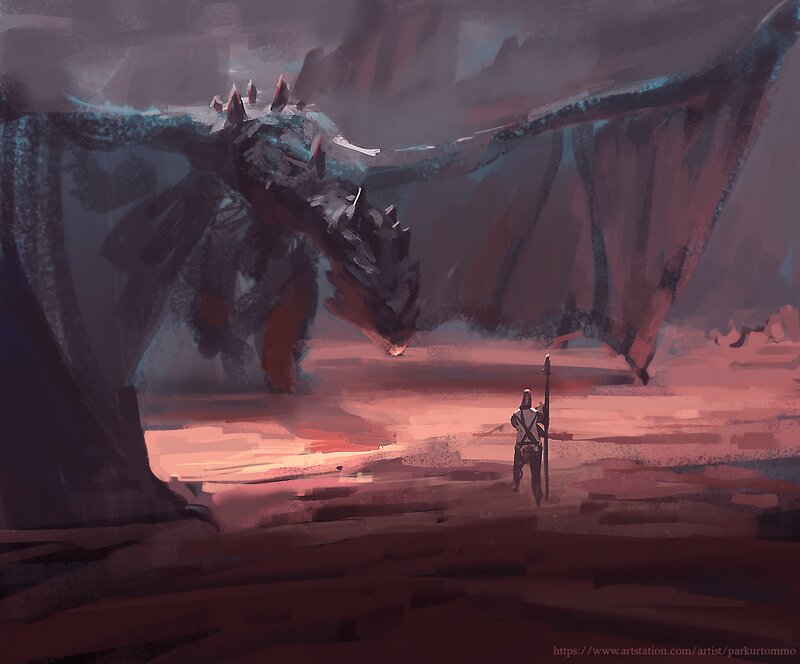 Knight Facing Dragon — Red, Dramatic, Night