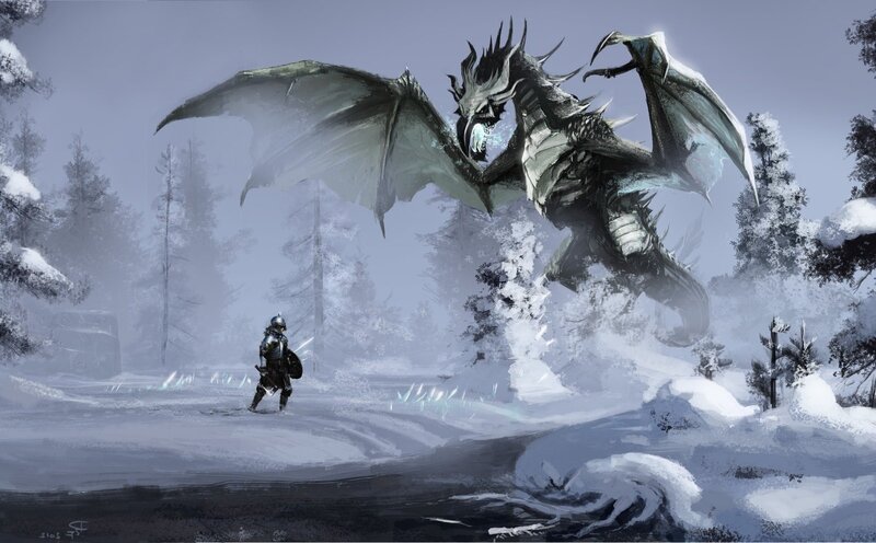 Knight Facing Dragon — White, Dramatic