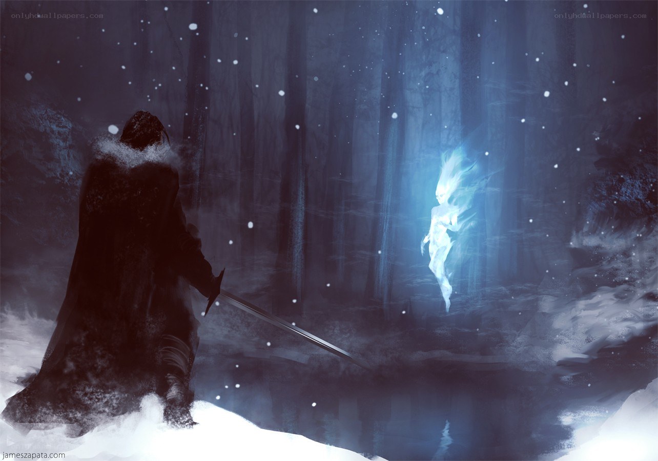 Knight facing ghost in snowy forest