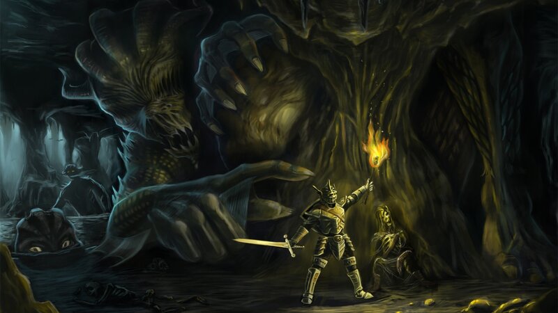 Knight Facing Giant Monster — Black, Dramatic, Night