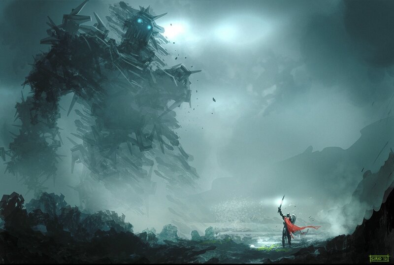 Knight Facing Giant Monster — Gray, Dramatic