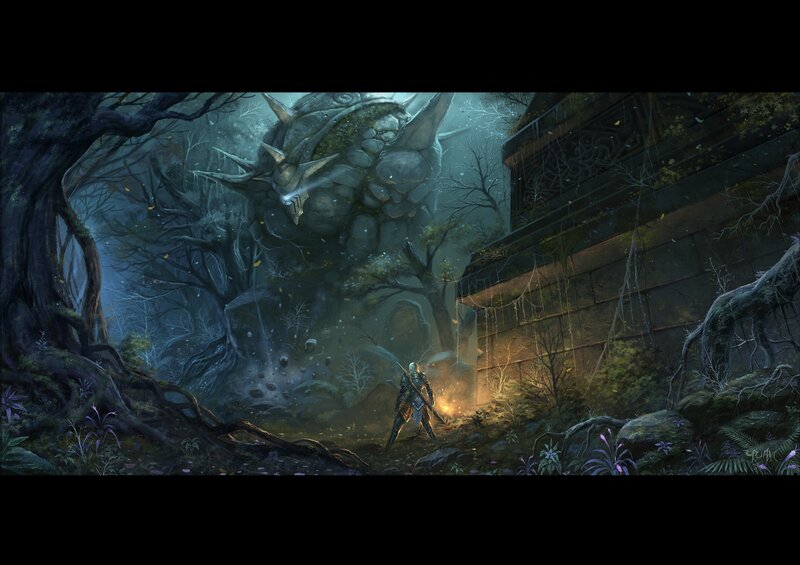 Knight Facing Giant Monster — Green, Dark