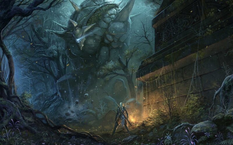 Knight Facing Giant Monster — Green, Dramatic