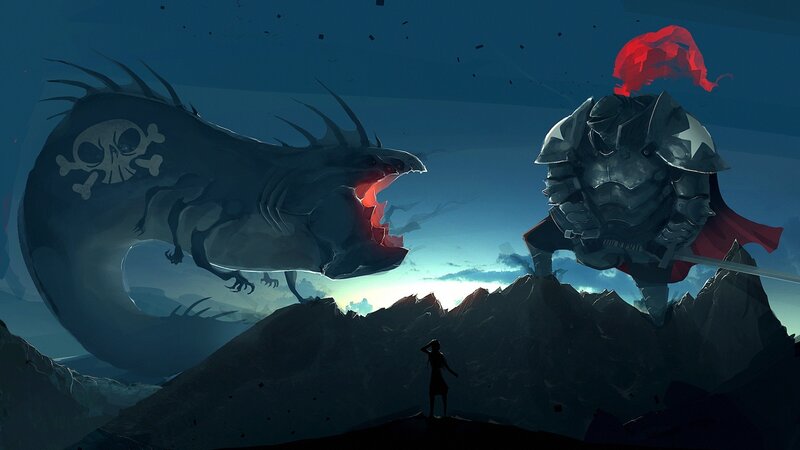 Knight Fighting Dragon — Blue, Dramatic, Night, Digital Art
