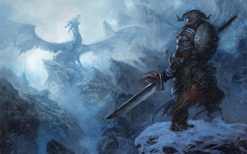 Knight Fighting Dragon — Blue, Dramatic, Winter, Digital Art