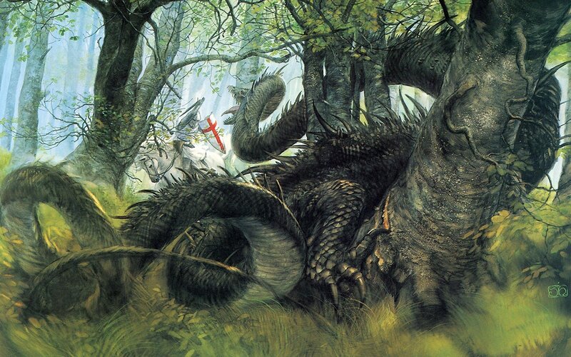 Knight Fighting Dragon — Green, Dramatic, Afternoon, Illustration