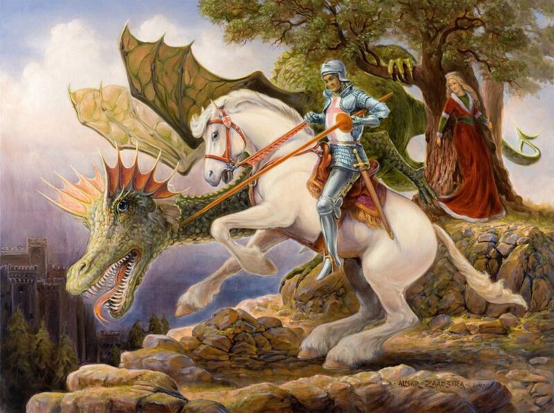 Knight Fighting Dragon — Green, Dramatic, Afternoon