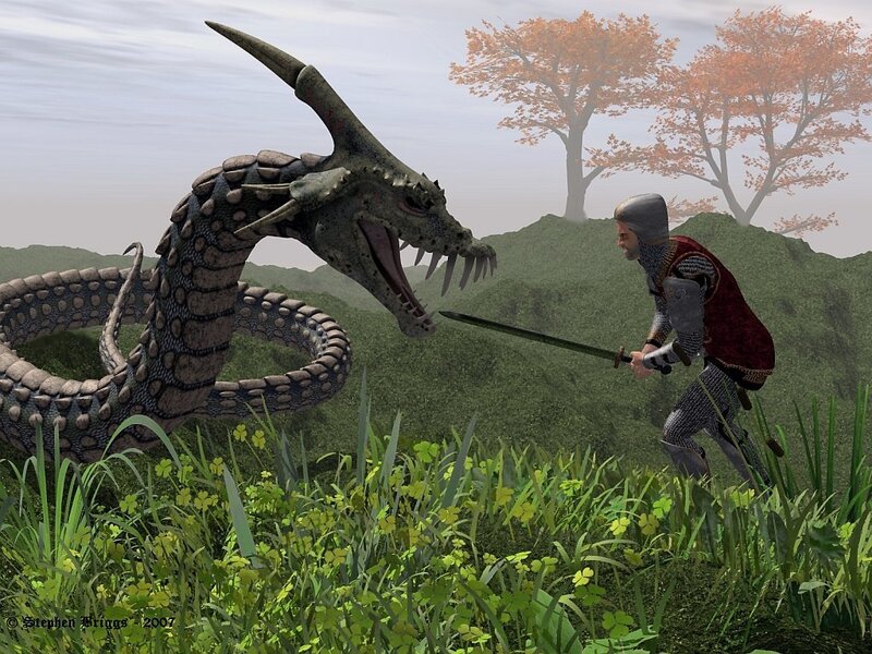 Knight Fighting Dragon — Green, Dramatic, Autumn