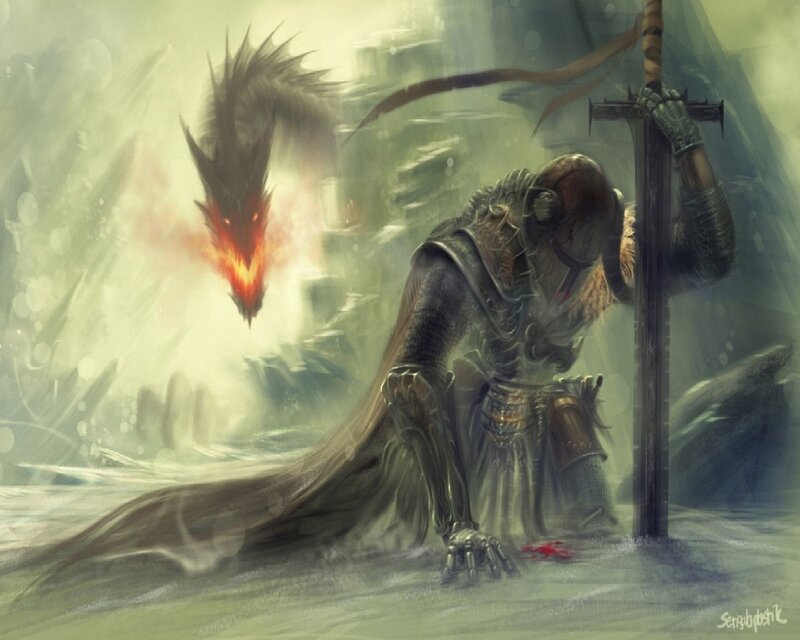 Knight Fighting Dragon — Green, Dramatic