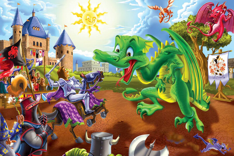 Knight Fighting Dragon — Green, Playful