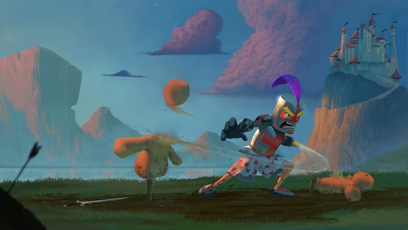 Knight fighting scarecrows