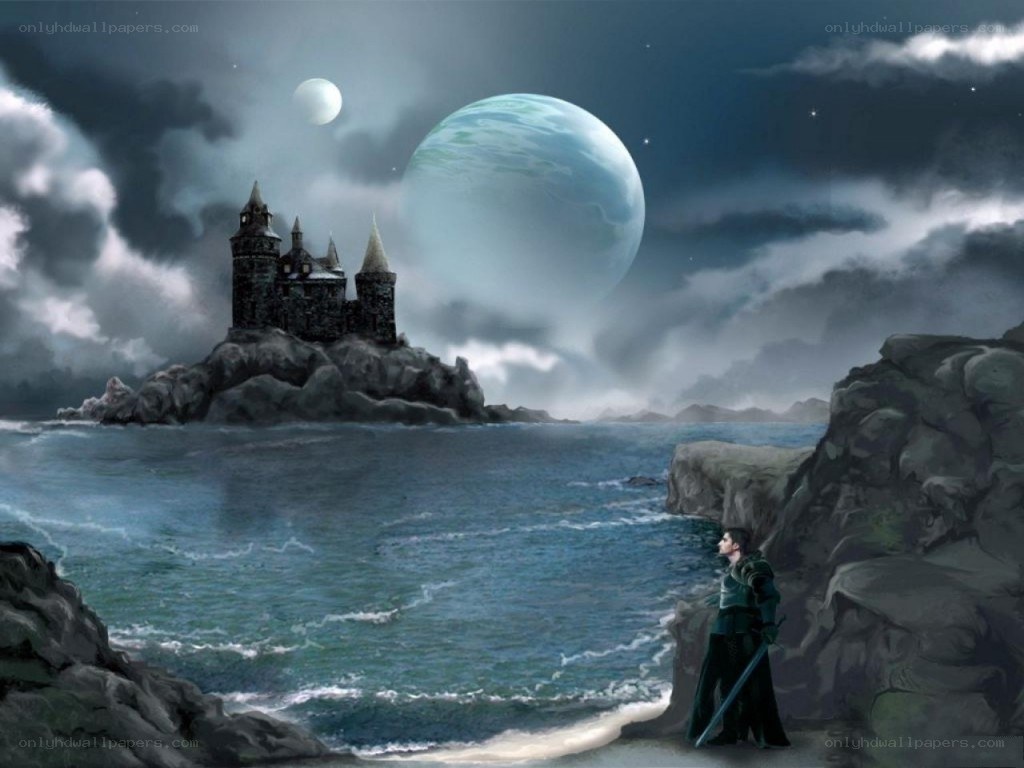 Knight gazes at castle under alien moon