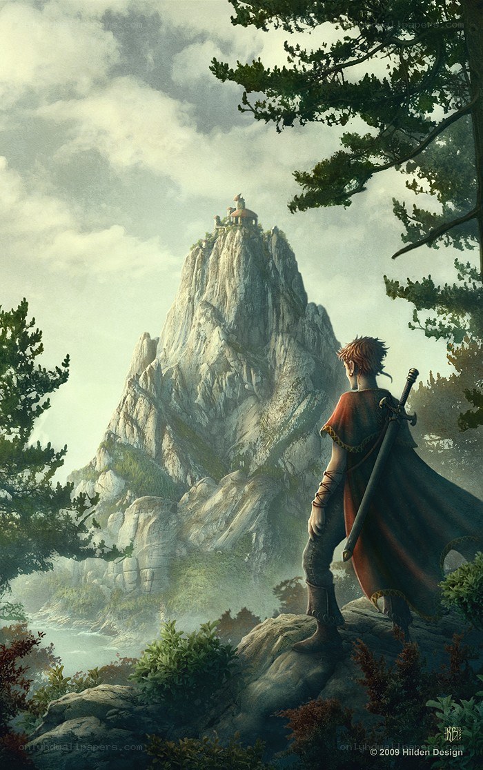 knight gazes at mountain fortress