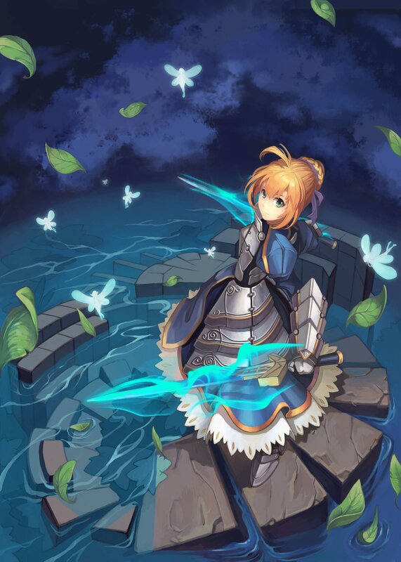 Knight girl in a moonlit pond
