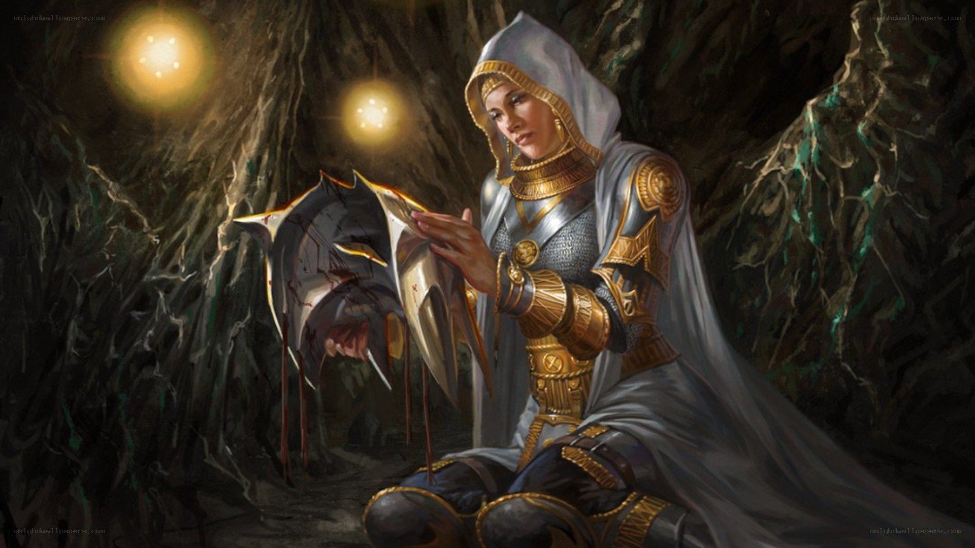 knight in a cave with broken shield