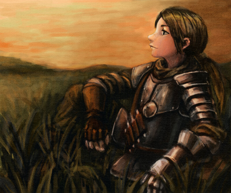 knight in a field at sunset