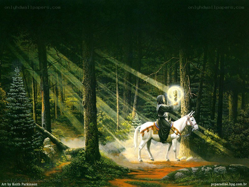 Knight in a forest with glowing orb