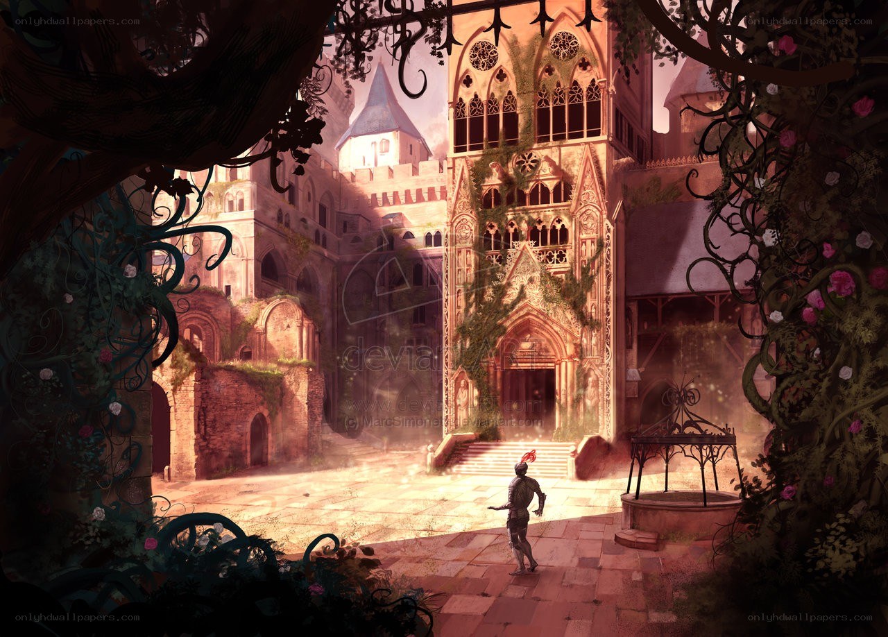 Knight in a sunlit courtyard