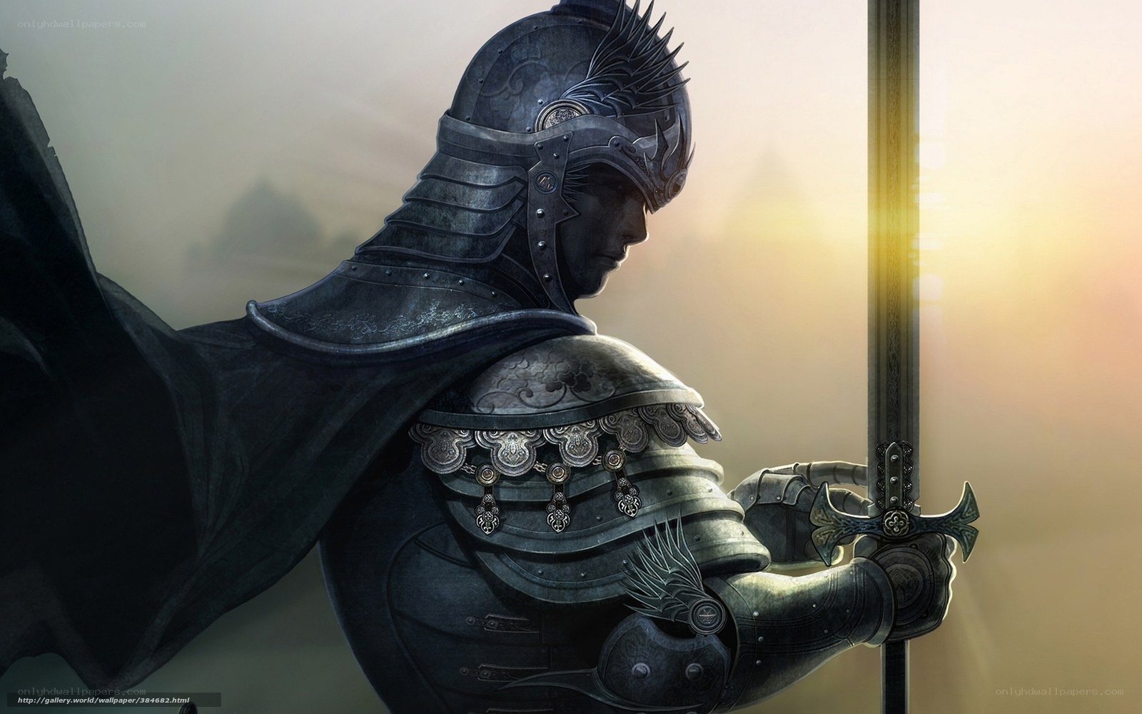 Knight in armor at sunrise