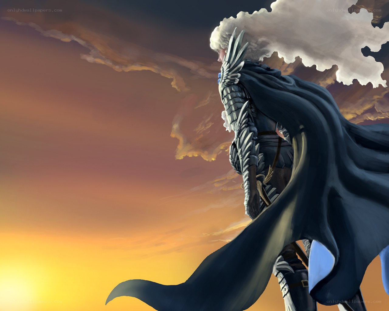 Knight in armor at sunset