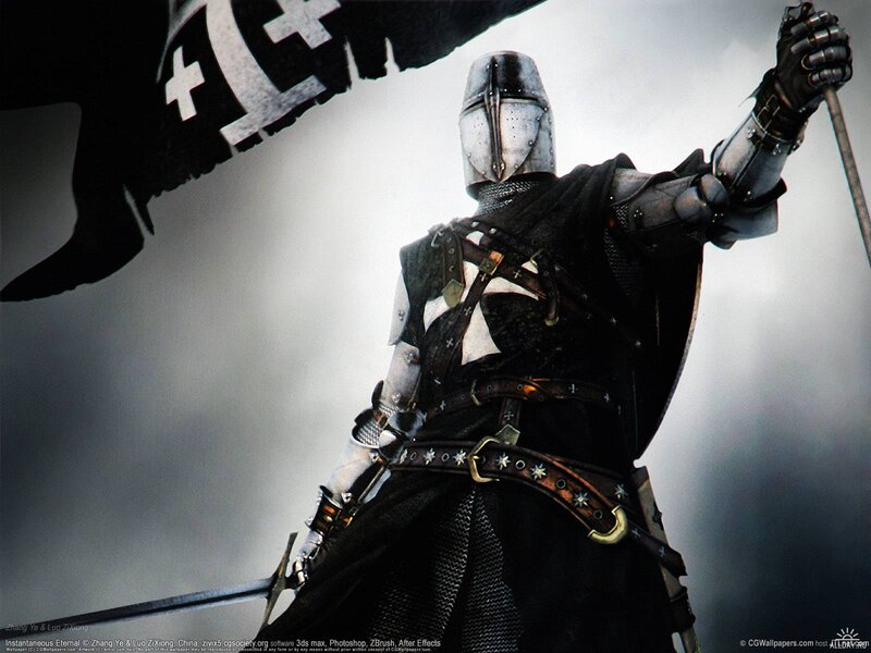 Knight in Armor — Black, Dramatic, Digital Art, Flag, Sword