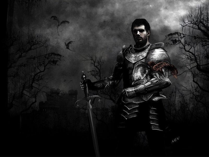 Knight in Armor — Black, Dramatic, Night, Digital Art, Sword, Birds