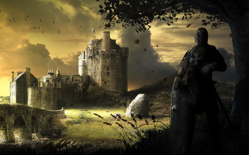 Knight in Armor — Brown, Dramatic, Sunset, Digital Art, Castle
