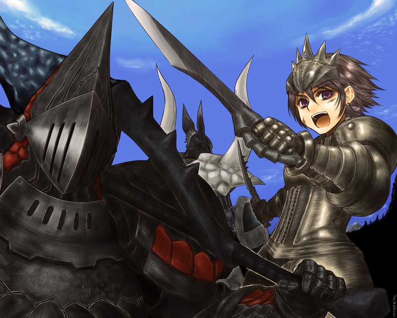 Knight in armor fighting monster
