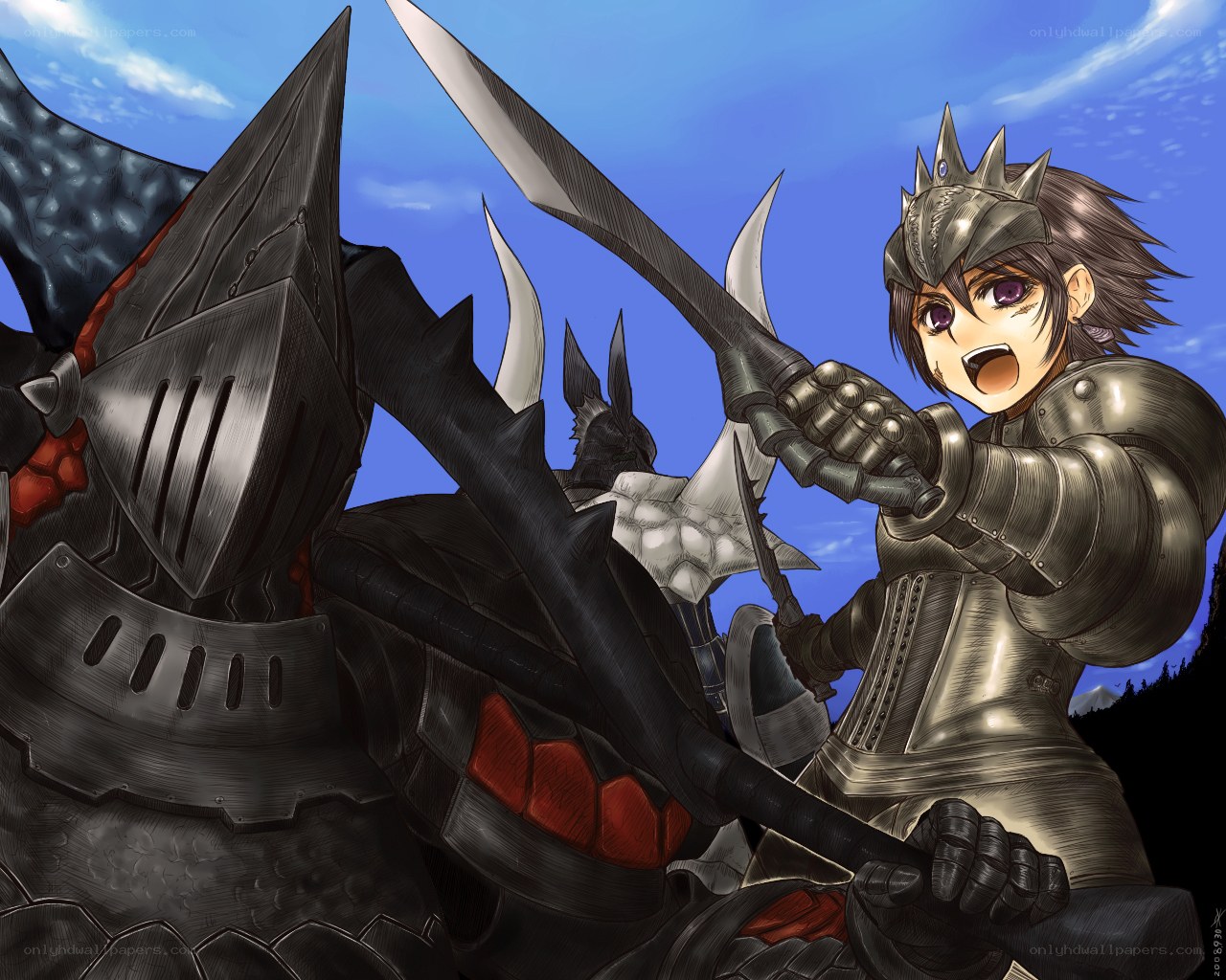 Knight in armor fighting monster