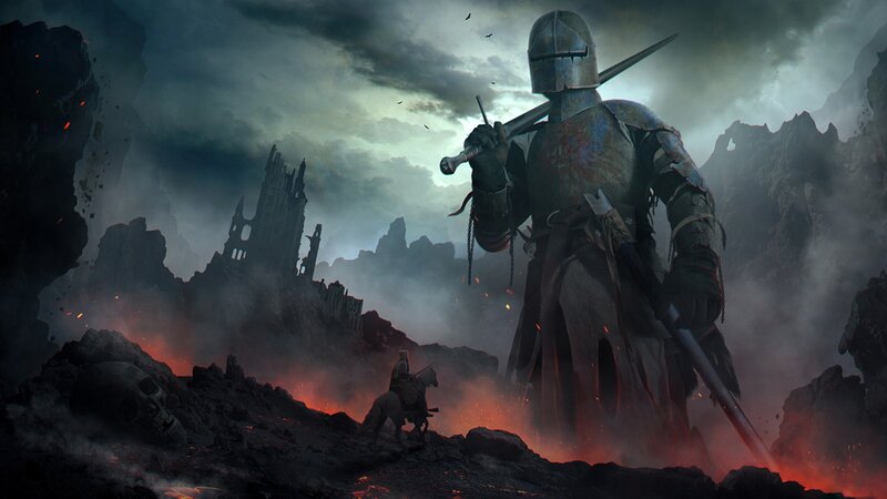 Knight in Armor — Gray, Dramatic, Digital Art, Castle Ruins