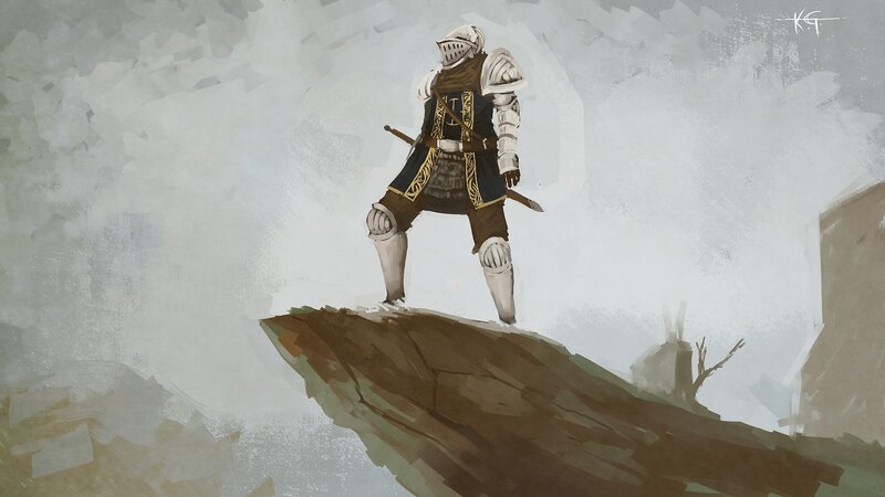 Knight in Armor — Gray, Dramatic, Digital Art, Sword, Rock